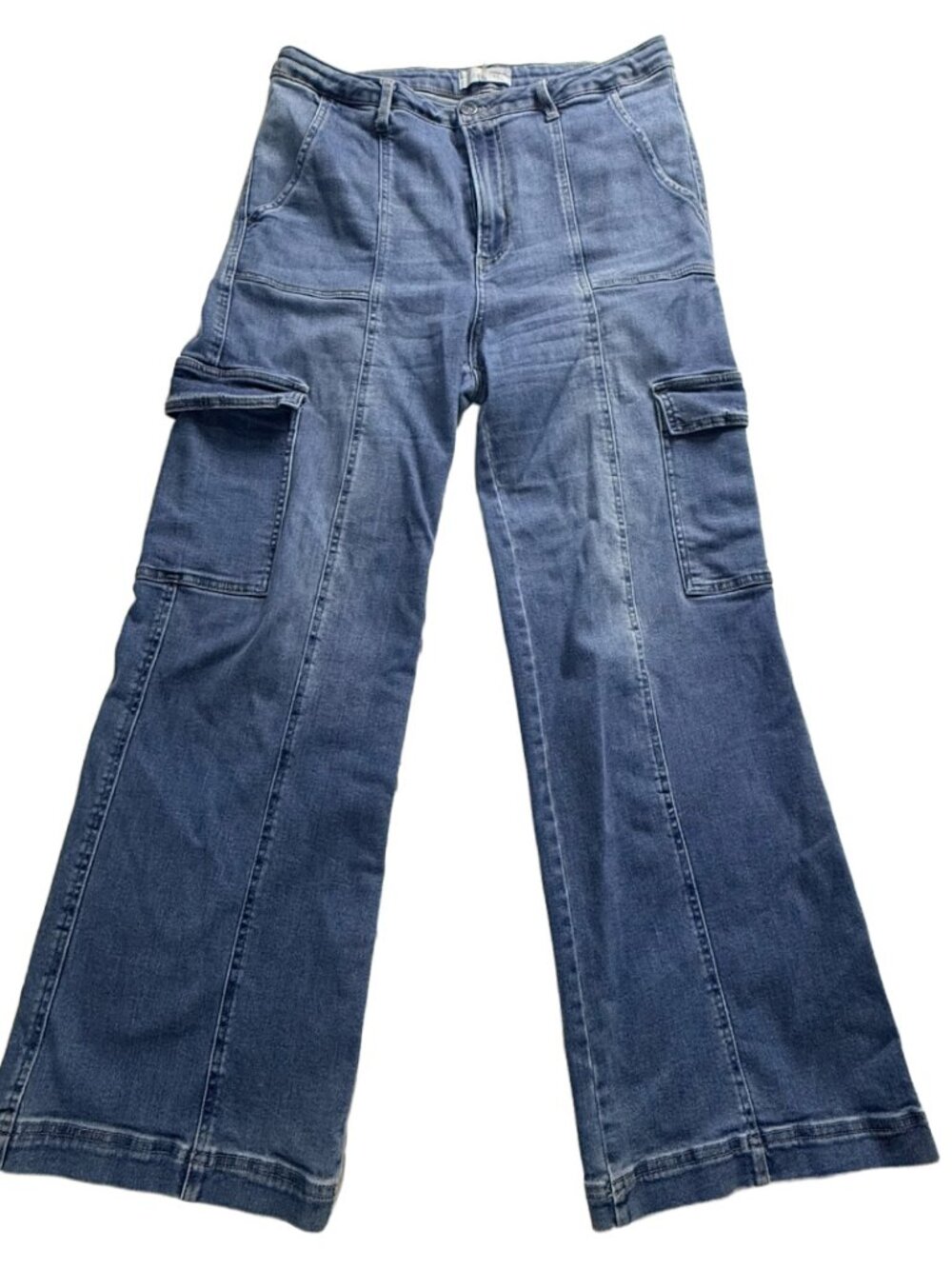 Risen Women’s 1XL Wide Leg Cargo Jeans Blue High Rise Stretch Denim Plus Size